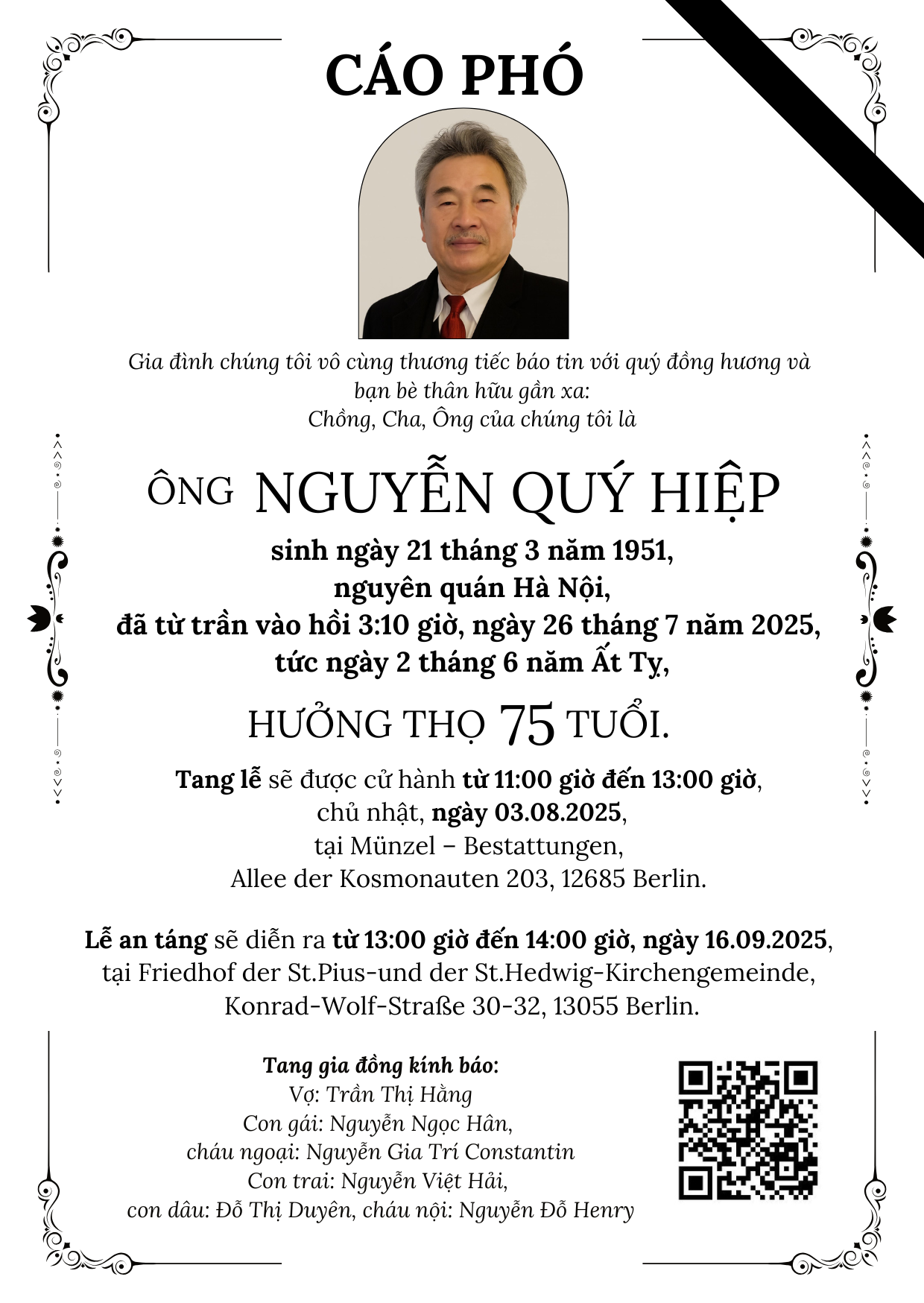 Hình ảnh tưởng nhớ ông Nguyễn Quý Hiệp (1951-2025) - Cáo phó và thông tin lễ tang